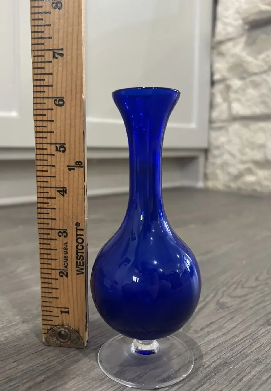 Vintage Cobalt Blue Art Glass Bud Vase Clear Footed Base 6.25” Tall